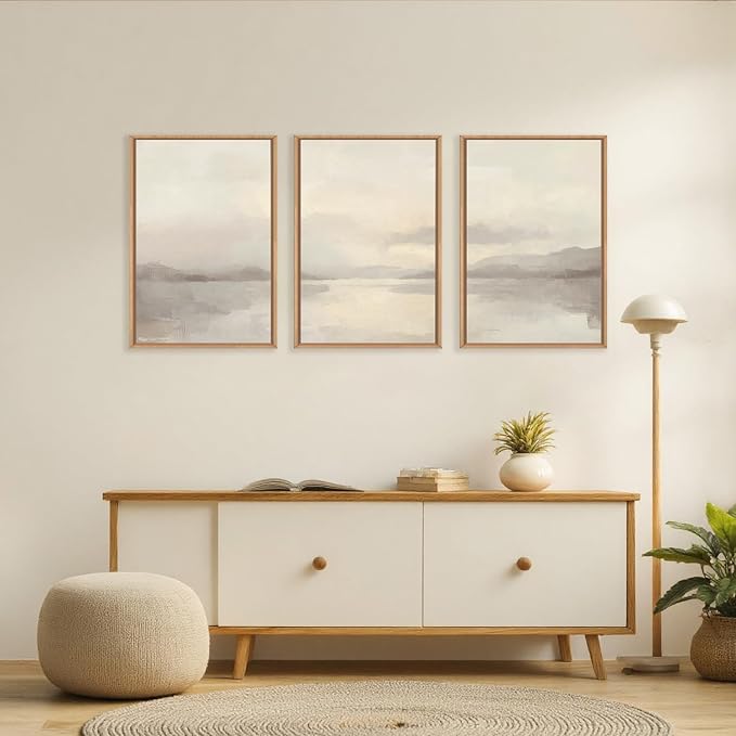 LHIUEM Large Abstract Neutral Beige Pastel Framed Canvas Wall Art,Modern Watercolor Lakes Wall Decor,Nature Mountain Minimalist Artwork for Living Room,Bedroom,Dining Room,Office -16"x24"x3