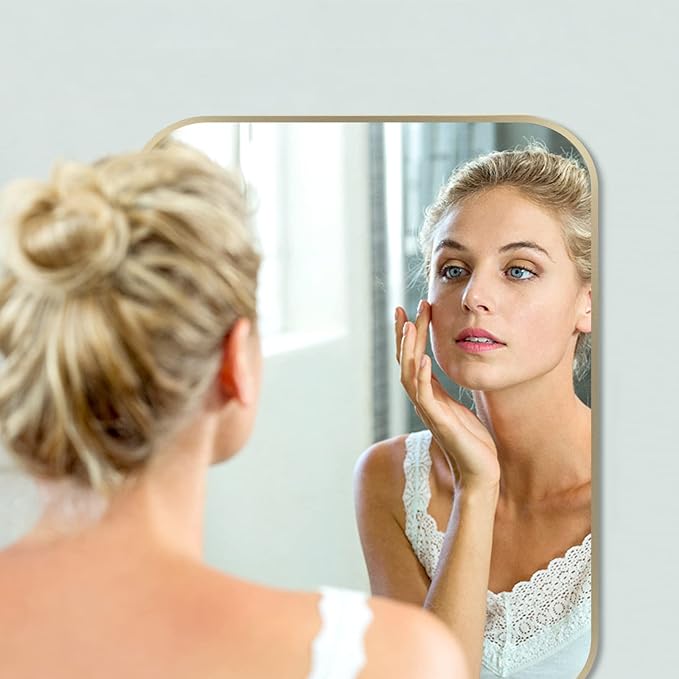 24x36 Inch Gold Bathroom Mirror, Brushed Brass Gold Metal Framed Rectangular Mirror with Rounded Corner, Wall Mounted Vanity Mirror for Bedroom or Living Room, Horizontal/Vertical