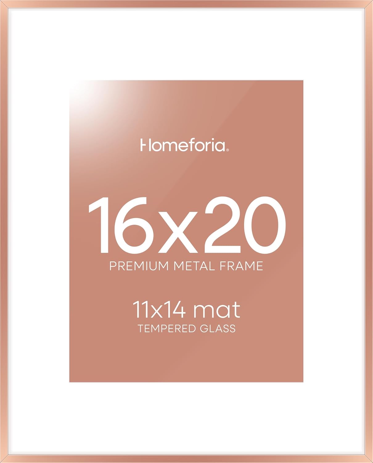 Homeforia Picture Frames 16x20 Rose Gold, High End Metal 16x20 Poster Frame with Mat 11x14 inch Photo, 16 x 20 Rose Gold Frame Matted to 11 by 14 Print, 20x16 Frame, Tempered Glass, Wall Kit, Set of 1