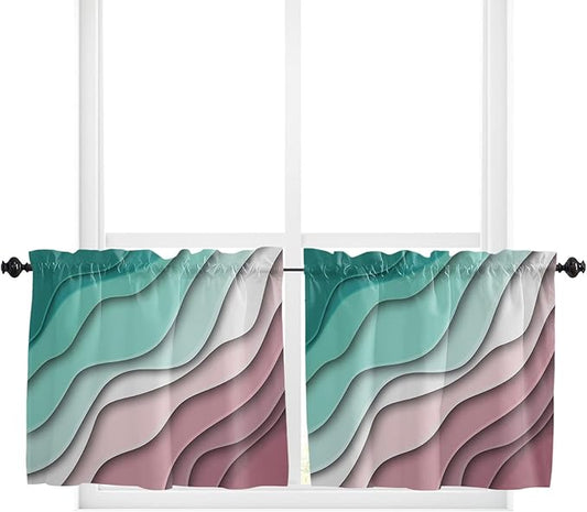 24 Inch Long Tier Curtains for Kitchen, Geometric Abstract Green Pink Gradient Bathroom Window Curtains Rod Pocket Short Curtains Window Treatment Tiers for Living Room Farmhouse 2 Panels