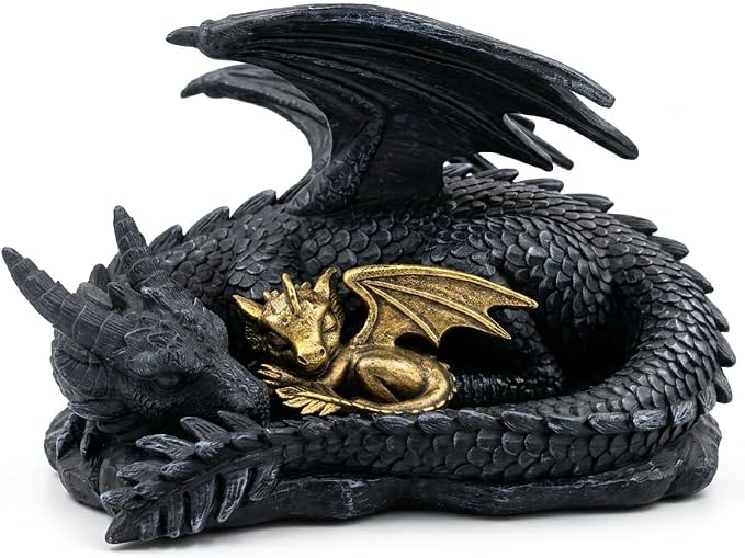 Stylor Black Dragon Statue Decor - Black & Golden Dragon Duo Figurine Bookshelf Decor, Hand-Painted Fantasy Gift for Bookish Book Lovers, Resin Mythical Sculpture Aesthetic Room Decoration