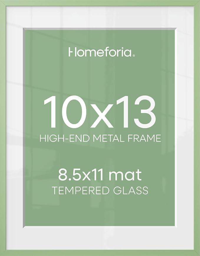 Homeforia 10x13 Picture Frame Sage Green, High End Metal 10x13 Wall Hanging Frame with Mat 8.5x11, 10 x 13 Poster Frames Matted to 8.5 x 11 inch Photo, 10by13 Frame, Tempered Glass, Wall Kit, Set of 2