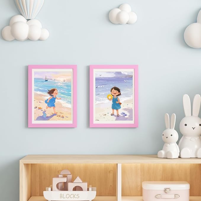 KINLINK 9x12 Kids Art Frame 2 Pack, Solid Wood Artwork Frames Changeable, Front Opening Hold 150 Pictures, Art Frames for Kids Artwork, 8.5x11 with Mat 9x12 without Mat, Picture Frames Light Pink