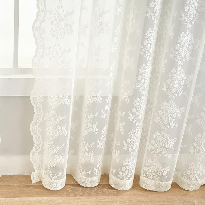 YJ YANJUN Vintage Lace Curtains 96 Inches Long- Victorian Floral Pattern Ivory Sheer Curtain Panels for Living Room, French Country Shabby Chic Light Filtering Drapes, 2 Panels 52W x 96L Cream
