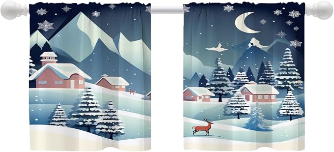 Shrahala Winter Snow Landscape Blackout Curtain Tiers, Snowy Tree Fields Houses Hills Kitchen Valance Light Blocking Tier Drapes with Rod Pocket, 2 Pack 26 X 24 in