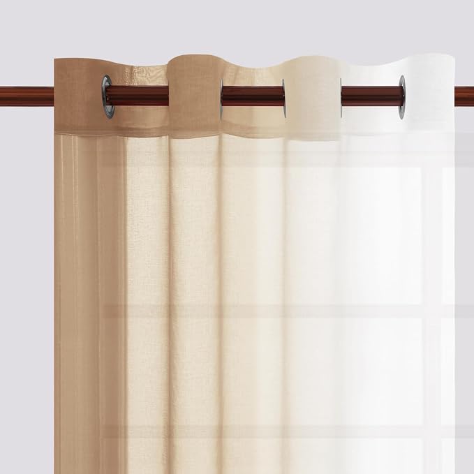 DWCN Taupe Faux Linen Ombre Sheer Curtains - 96 inches Long Gradient Semi Voile Curtains for Bedroom and Living Room, Set of 2 Grommet Top Window Curtain Panels, 52 x 96 Inches Long, Taupe