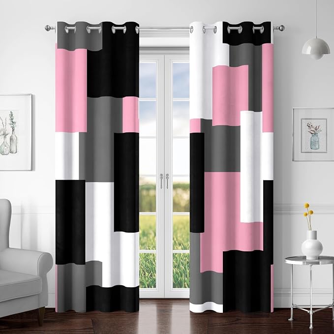 Tyrot Pink 100% Blackout Curtains for Bedroom 84 inch Length 2 Panels Set White Grey Modern Abstract Geometric Black Out Curtains Insulated Room Darkening Window Drapes for Girls Living Room, 52Wx84L