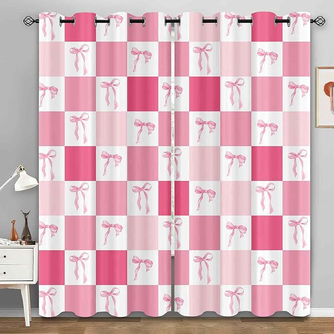 LUVIVIHOME Pink Bow Blackout Curtains, Buffalo Plaid Curtains for Girls Bedroom Living Room, Aesthetic Bowknot Girly Cute Preppy Coquette Room Decor, Grommet Window Drapes 2 Panel Sets, 52x84 Inch