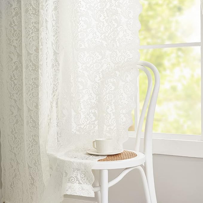ALIGOGO Ivory Lace Curtains 84 Inches Long - Floral Sheer Curtains for Living Room, Scalloped Privacy Cream Vintage Lace Window Treatments 1 Pair, Rod Pocket, 52 x 84 Inch, Light Beige