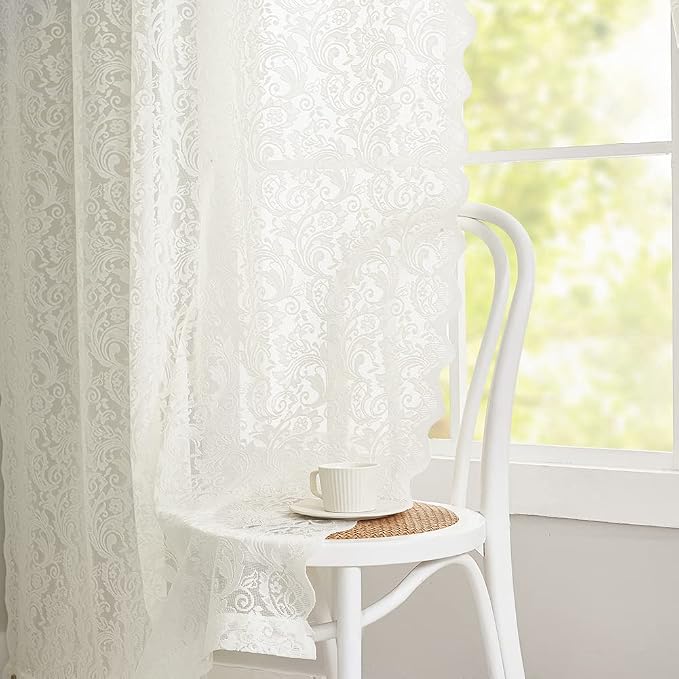 ALIGOGO Ivory Lace Curtains 96 inches Long- Antique Country Lace Sheer Curtains Boho Style Paisley Floral Window Panel for Old Home Set of 2, 52 W x 96 L Ivory