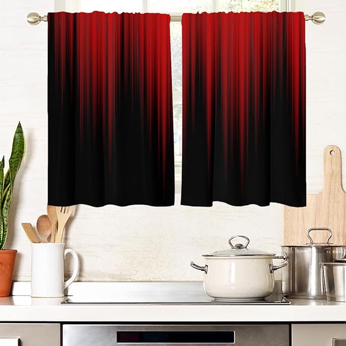AAtter Red and Black Kitchen Curtains, Gothic 27.5" W x 39" L, 2 Panels | Burgundy Ombre Rod Pocket Bathroom Window Drapes, Dark Modern Abstract Style, Cool Anime Design, Spooky Small Short Tiers