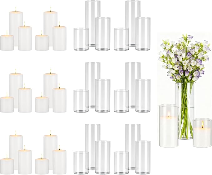 VEVOR Pillar Candles and Glass Vases Set 36 Pcs, Clear Cylinder Hurricane Candle Holders for Wedding Centerpieces, Tall Vase for Table Decor, Wedding Party, Thanksgiving, White (3.4" x 4.7",7.1",9.8")