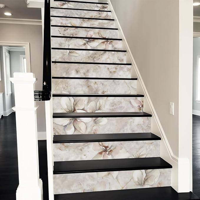 REDAMANCY Watercolor Boho Cream Sand Magnolia Florals Peel and Stick Vinyl Stair Riser Decals Staircase Tile Stickers Decor Modern Marble Decoration Self-Adhesive(14 Pcs)