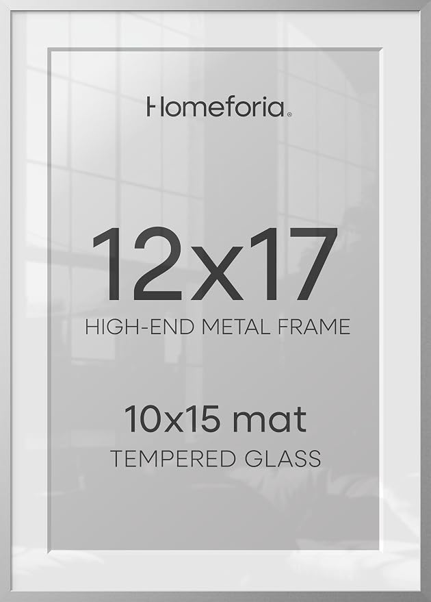 Homeforia 12x17 Picture Frame Silver, High End Metal 12x17 Frames with Mat 10x15 for Photo, 12 x 17 Silver Poster Frame Matted to 10 x 15 Print, 17x12 Hanging Frame, Tempered Glass, Wall Kit, Set of 2