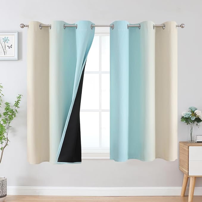 Estelar Textiler Beige and Aqua Ombre Blackout Curtains 45 Inch Length 2 Panels, Full Room Darkening Gradient Drapes for Bedroom, Thermal Insulated Grommet Short Curtains for Bathroom, 42Wx45L
