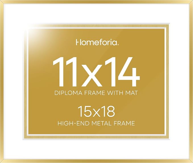 Homeforia 15x18 Diploma Frame Gold, High End Metal 15 x 18 Gold Certificate Frame with Mat 11 x 14, 18by15 Document Frames Matted to 11x14, Graduation Degree Frames, Tempered Glass, Wall Kit, Set of 2