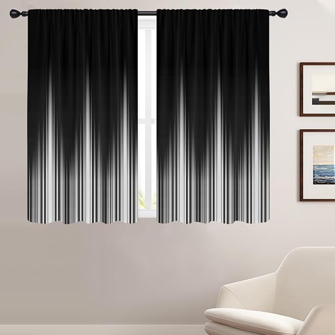Coxila White and Black Window Curtains for Bedroom 52 x 63 Inch Rod Pocket Wide Gothic Goth Ombre Simple Boho Stripe Design Pattern Gradient Living Room Treatment Set of 2 Curtain Panels Drapes Drapes
