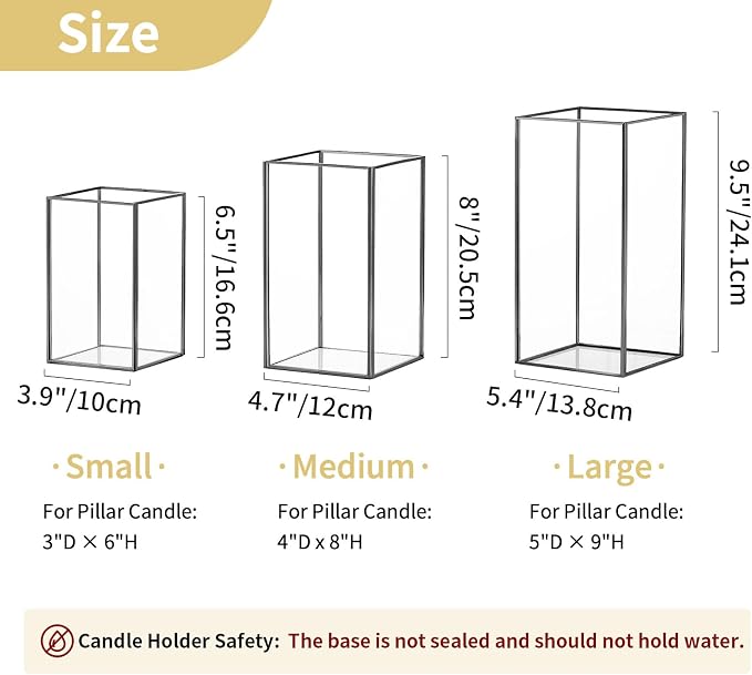 Nuptio Glass Hurricane Candle Holder for Pillar Candles 3 Pcs Black Metal Candle Holders Large Rectangular Candleholder Vase Centerpieces Decoration for Halloween Christmas Party 9.5 & 8.1 & 6.5 inch | Large Rectangular Candleholder Vase Centerpieces D...