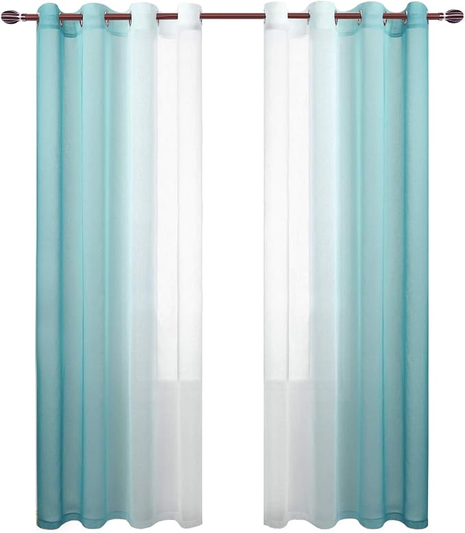 DWCN Teal Ombre Sheer Curtains - Faux Linen Gradient Semi Voile Grommet Top Bedroom and Living Room Curtains, Set of 2 Window Curtain Panels, 52 x 96 Inches Long