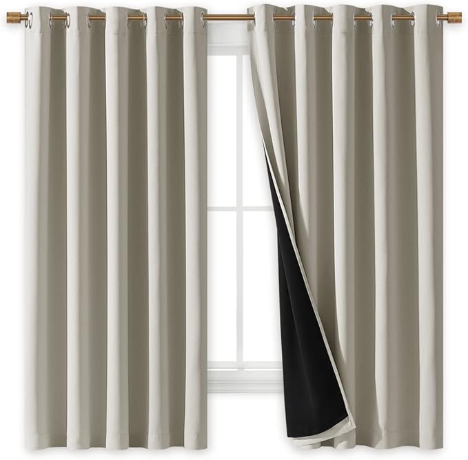 NICETOWN Natural 100% Blackout Lined Curtains, 2 Thick Layers Completely Blackout Window Treatment Thermal Insulated Drapes for Kitchen/Bedroom (1 Pair, 70 inches Width x 63 inches Length Each Panel)