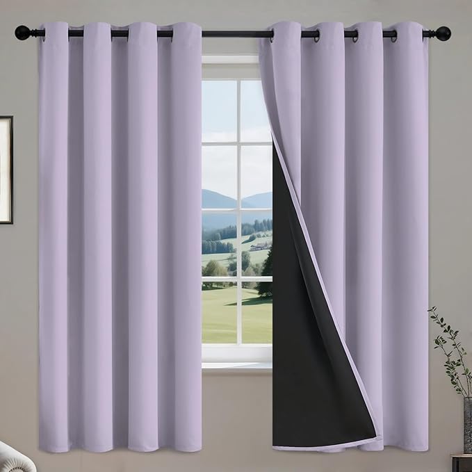 COSVIYA 100% Blackout Curtains for Bedroom with Black Liner, Full Light Blocking Thermal Insulated Grommet Window Treatment 96 Inches Length, Lilac, 2 Panels