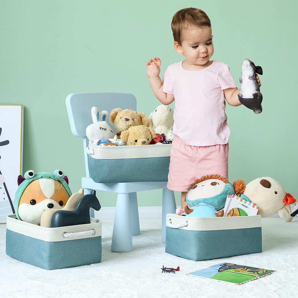 TheWarmHome Fabric Storage Bins Baskets for Organizing,Sturdy Storage Basket W/Handles, Decorative Foldable Storage Baskets for Shelves Closet Nursery Toy (White&Teal, Medium - 3 Pack)