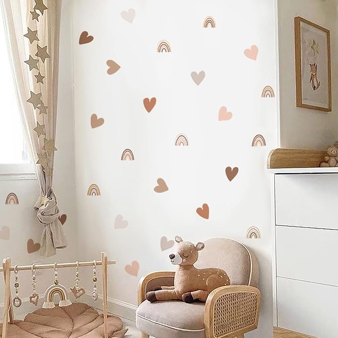 funlife Small Boho Rainbow Wall Decals Peel and Stick, Self Adhesive Colorful Wall Sticker for Girls Bedroom Decor, Boho Hearts Decal for Kids Nursery Room Decoration, Boho Rainbow and Heart