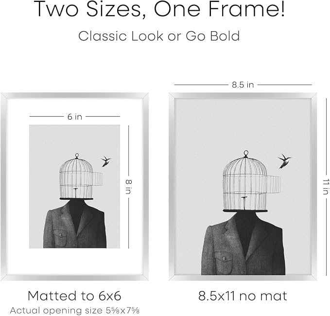 Homeforia 8.5x11 Picture Frame Silver, High End Metal 8.5 x 11 Poster Frames with Mat 6 by 8 Photo, 11x8.5 Frame Matted to 6x8 Print, 8.5by11 Wall or Tabletop Frame, Tempered Glass, Wall Kit, Set of 2
