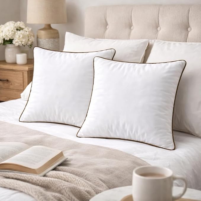 18 x 18 Inch Throw Pillow Inserts Set of 4 – Square White Cushion Forms with Brown Piping, 500g Filled for Decorative Pillow Covers
