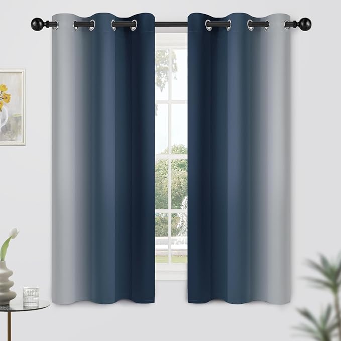 Yakamok Ombre Curtains Navy Blue and Greyish White for Living Room,42Wx63L | Room Darkening Curtains 63,Thermal Insulated Gradient Color Drape,Light Blocking Grommet Window Curtains for Bedroom,2 Panels