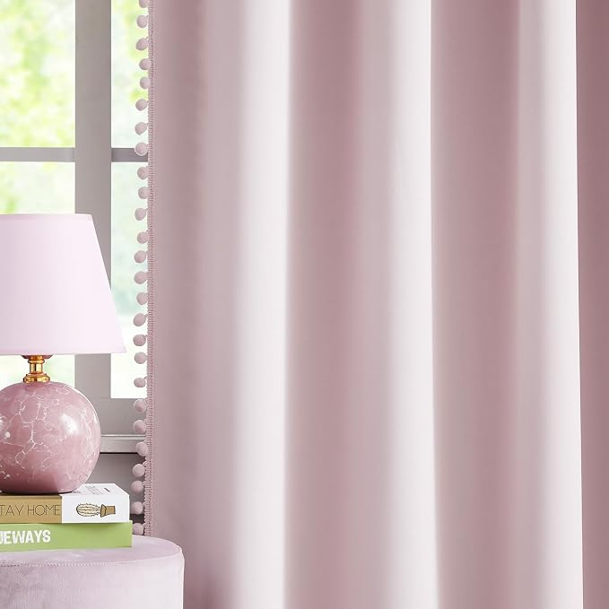 Pom-pom Pink Blackout Curtains for Bedroom 63inch Length Energy Efficient 100% Full Blackout Window Panels for Baby Girls Nursery Living Room Adorable Rod Pocket Drapes 2pcs 52"w Rod Pocket