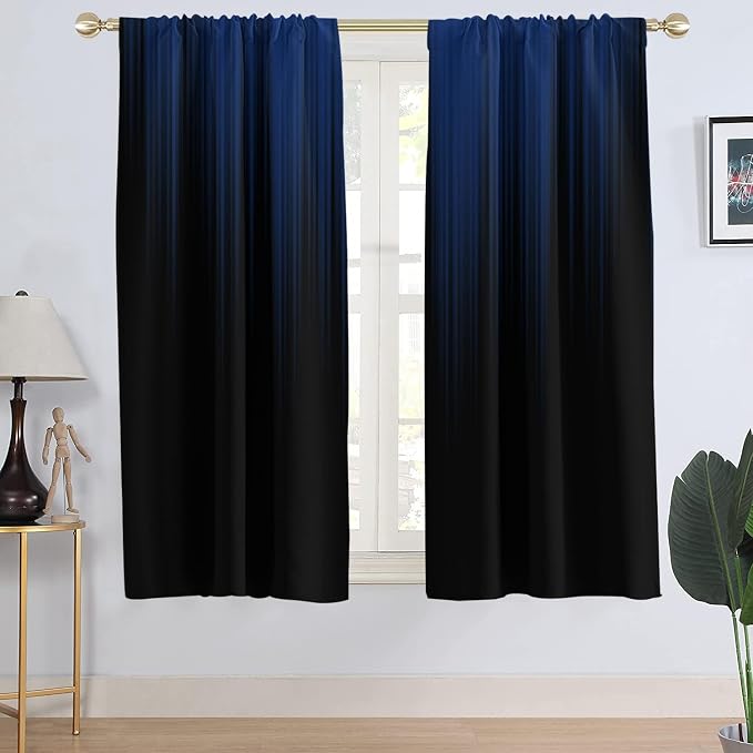 AAtter Navy Blue and Black Ombre Window Curtains, 2 Panels, 42" W x 63" L | Modern Striped Rod Pocket Drapes, Dark Gradient Abstract Style, Cool Anime Masculine Design, Trendy Bedroom Decor for Men