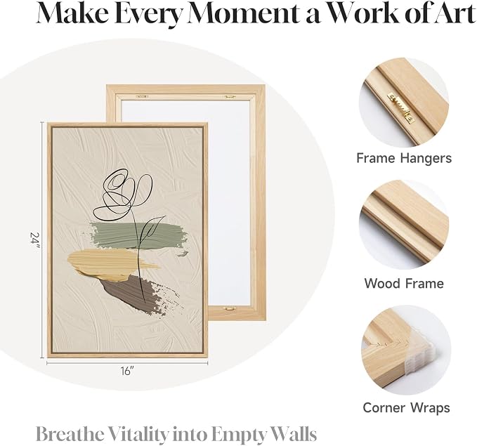 3 Piece Framed Abstract Boho Wall Art Bedroom 16x24 Inch | Large Neutral Canvas Print Painting, Modern Minimalist Line Face Botanical Picture Artwork Decor for Living Room Dining Room
