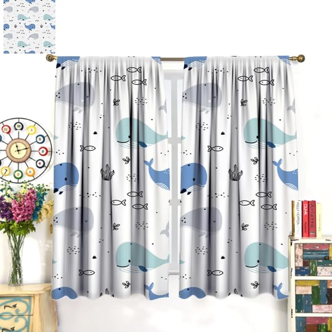YCness Cartoon Whale Curtains Cute Ocean Animal Blue Gray Abstract Fish Art Printed Blackout Window Drapes for Boys Girls Bedroom Nursery Decor Fabric Set 2 Panel 63x63 Inch 80% Shading Rate