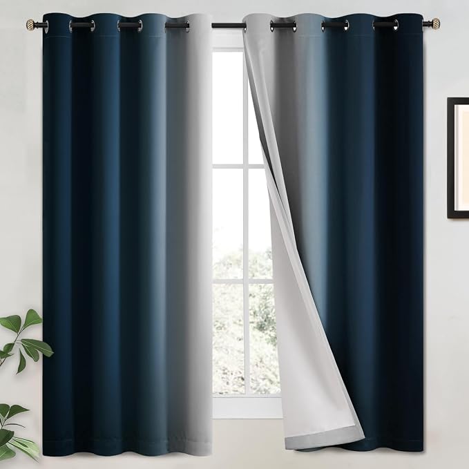 Yakamok 100% Blackout Curtains Ombre Navy Blue Curtains for Bedroom 63 Inch | 2 Layers,Room Darkening Grommet Gradient Drapes,Light Blocking Thermal Insulated Window Curtains for Living Room 52W x 63 L