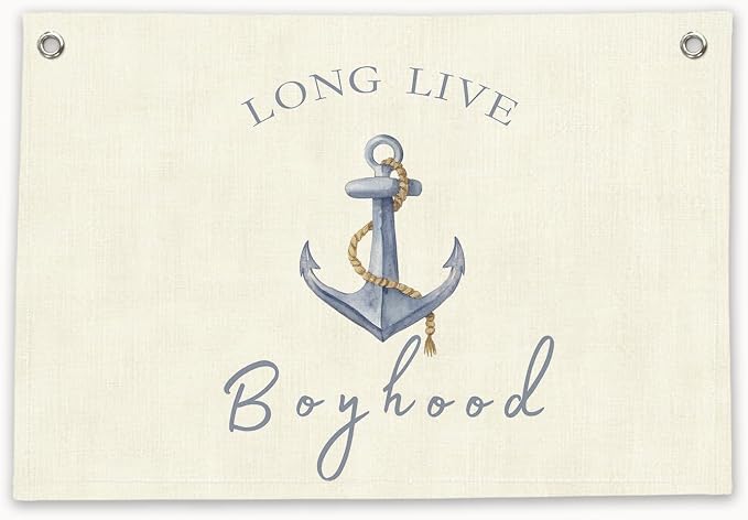 RTXLEZM Nautical Boy Nursery Decor, Long Live Boyhood Canvas Banner | Anchor Nautical Ocean Coastal Wall Art Prints for Kids Toddler Boys Nursery Room Bedroom Playroom Decor, 20x30 Inch