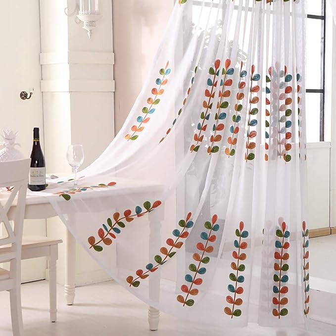 VOGOL Sheer Curtains 63 Inch Length, Colorful Leaves Embroidered White Sheer Window Treatments for Bedroom, Kitchen, Small Windows, W52 X L63, 2-Panel Pack
