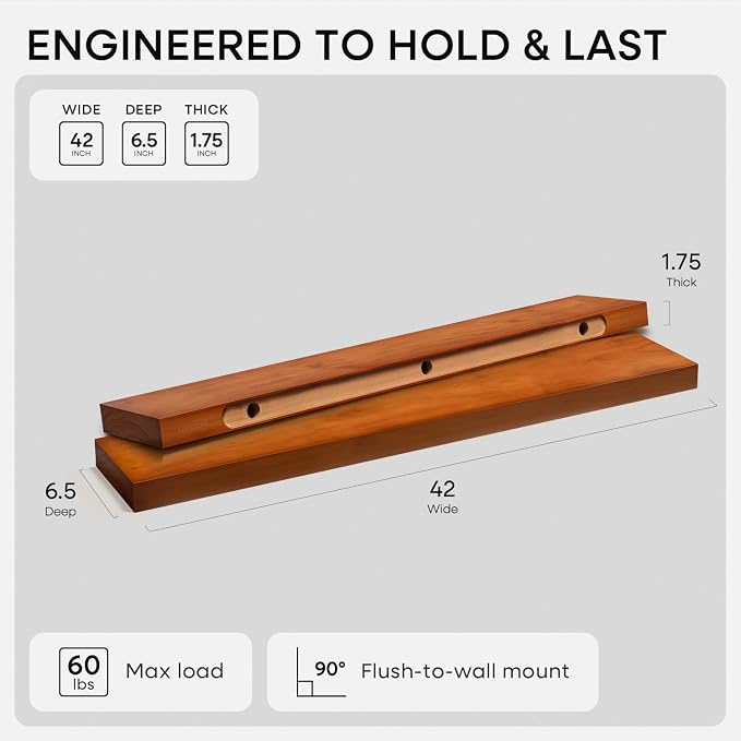 Homeforia Oak Floating Shelves 42 inch Long, High End Solid Real Wood 42inch Floating Shelf for Wall Mounted, Honey Oak Wooden 42in Floating Shelves, Heavy Duty Bracket, 42 X 6.5 X 1.75 in, Set of 2