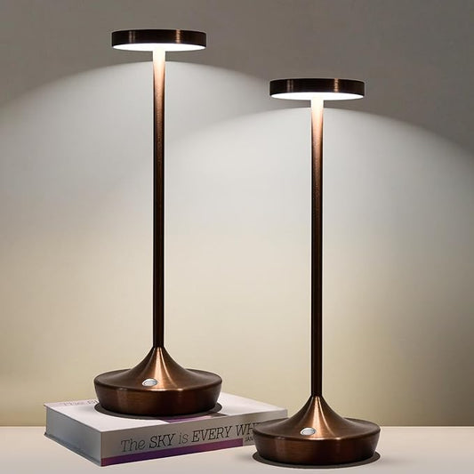 Brown Cordless Table Lamp, Rechargeable 6000mAh Battery Powered LED Desk Lamp, Portable Metal Touch Lamp with 3-Level Dimming, Waterproof for Restaurant, Dining, Patio, Home Decor (2 Brown)