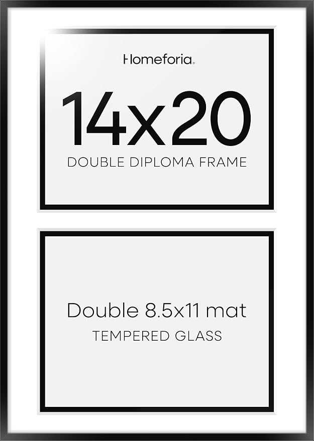 Homeforia 14x20 Double Diploma Frame Black, High End Metal 14 x 20 Certificate Frames with Mat for Two 8.5 by 11 Diplomas, 20x14 Dual Award Graduation Matted Frames, Tempered Glass, Wall Kit, Set of 2