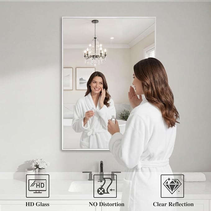 Koonmi White Rectangle Wall Mirror, 24x36 Inch Bathroom Mirror, Aluminum Frame Vanity Mirror for Entryway, Living Room, Bedroom Bathroom, Hangs Horizontally or Vertically