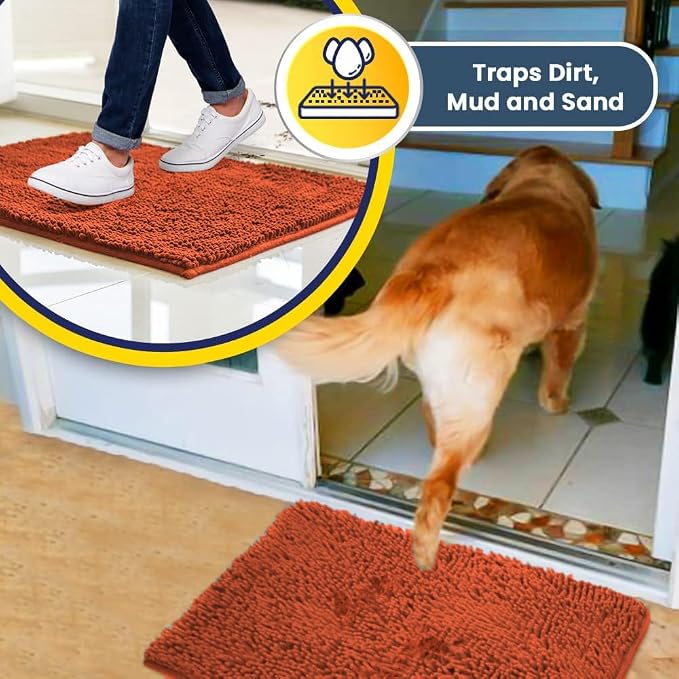 Muddy Mat® | Super Water Absorbent Door Mat Indoor, Microfiber Quick Dry Chenille Entryway Rug, Slip Resistant Front Door Mat, Indoor Mats for Entryway, Machine Washable Pet Rug, Coral 28" x 48"