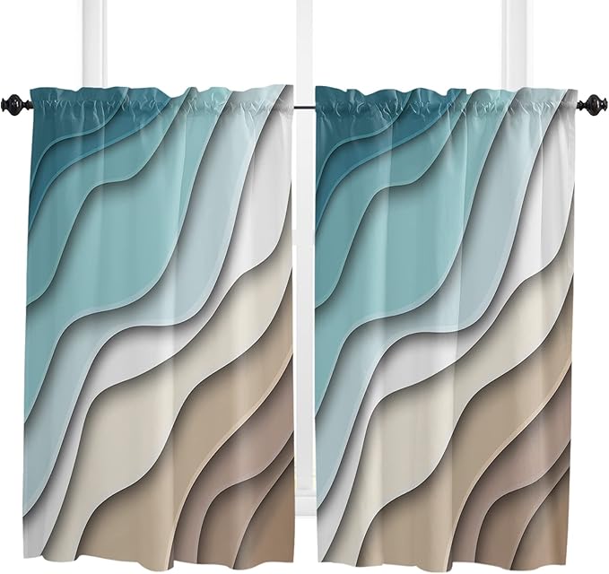 54 Inch Long Tier Curtains for Kitchen, Abstract Geometric Teal Brown Gradient Waves Beach Bathroom Window Curtains Rod Pocket Short Curtains Window Treatment Tiers for Living Room Farmhouse 2 Panels