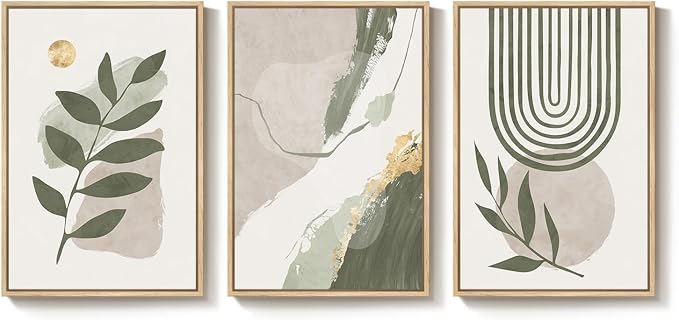 3 Piece Large Framed Abstract Boho Wall Art for Living Room, Minimalist Sage Green Plant Canvas Artwork for Walls, Modern Botanical Leaf Prints Paintings for Bedroom Hallway 24x36 Inch