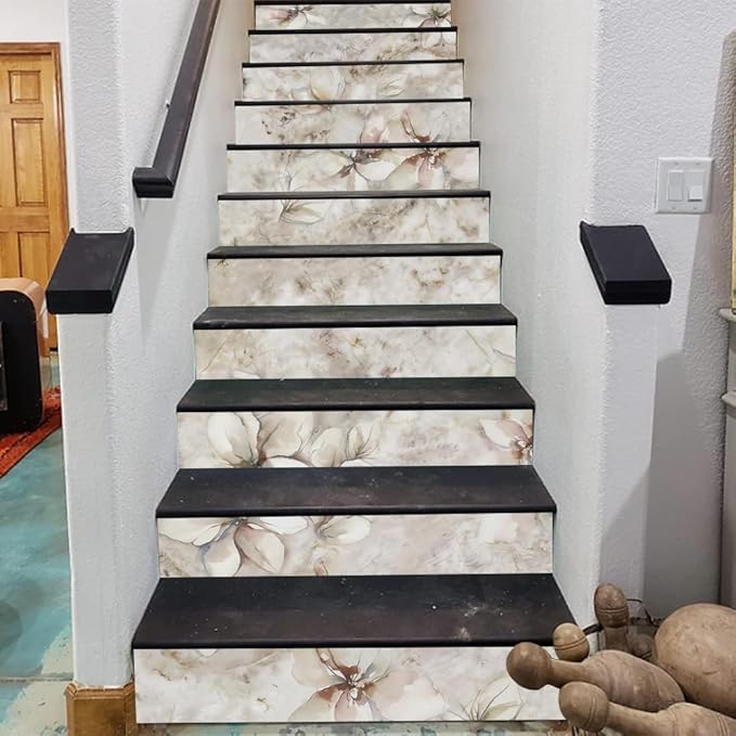 REDAMANCY Watercolor Boho Cream Sand Magnolia Florals Peel and Stick Vinyl Stair Riser Decals Staircase Tile Stickers Decor Modern Marble Decoration Self-Adhesive(14 Pcs)