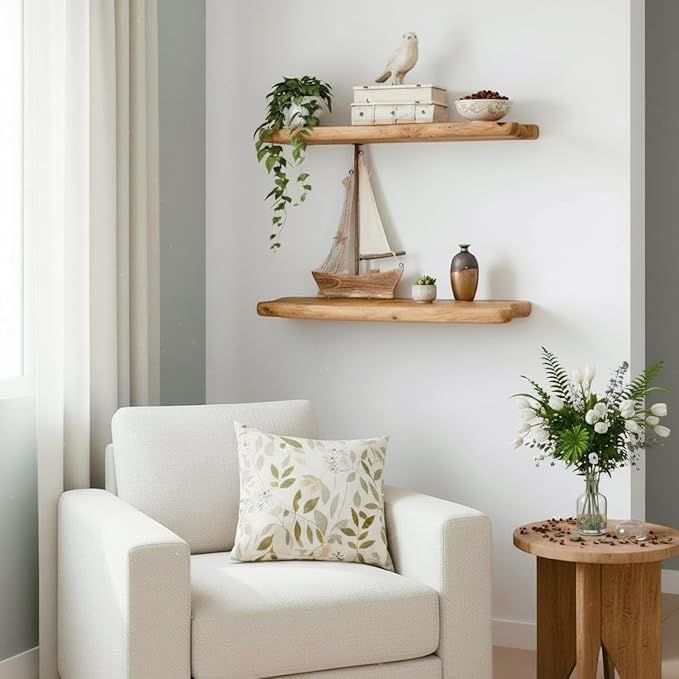 WELLAND 16" Live Edge Cedar Floating Shelves, Set of 2 | Each shelf measures approximately 15.75" W × 7.87" D × 1.25" H, ideal for displaying plants, book and decorative accents