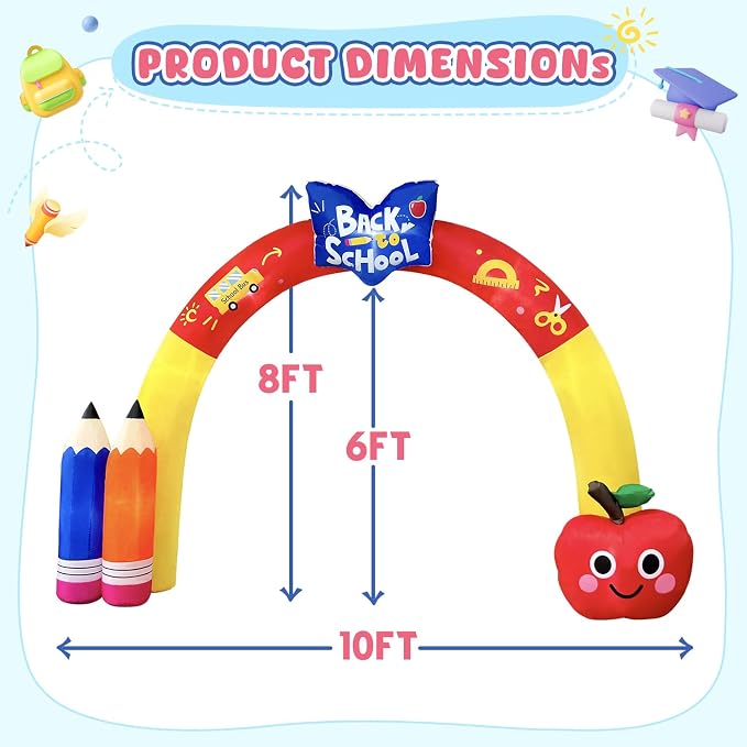 DomKom 10FT Back to School Inflatable Arch – Featuring Open Book, Colorful Pencils & Apple Decor, Ideal for 2026 First Day of School & Kindergarten Graduation, Blow-up Archway for Yard Decor
