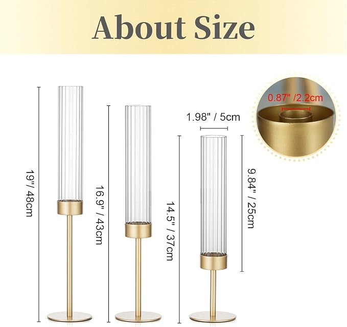 Hewory Gold Hurricane Candle Holders: 12 PCS Brass Tall Candlestick Taper Candle Holders Bulk for Candlesticks Candle Sticks Holder Decor for Table Centerpiece Wedding Party Christmas Decorations
