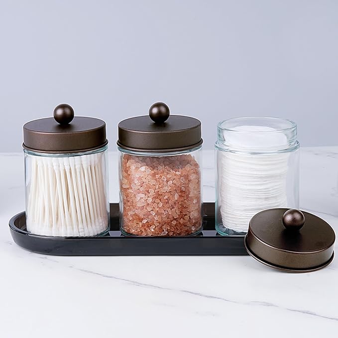 SheeChung Qtip Dispenser Holder, Glass apothecary jars with Acrylic Vanity Tray, Countertop Canister Guest Bathroom Essentials Storage Organizer for Cotton Swabs/Balls, Floss Picks