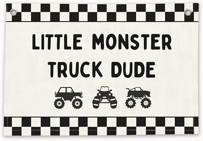 RTXLEZM Little Monster Truck Dude Room Decor, Kids Room Decor | Monster Truck Car Wall Canvas Banner Hanging,Checkered for Toddler Playroom Kids Room Nursery Boys Toy Room Bedroom 20x30